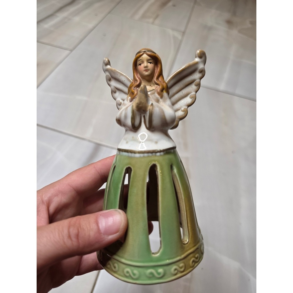 Vintage Ceramic Angel Bell Figurine Hand Painted Green Praying Angel 5.5" K1